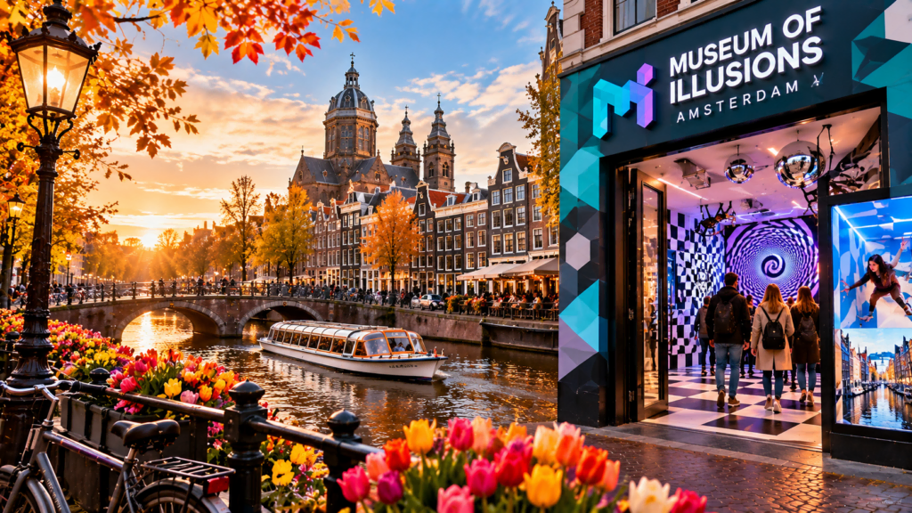 Vue d'Amsterdam avec canal, église et musée des illusions.