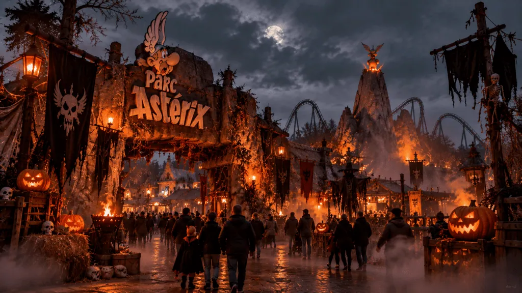 Parc Asterix Halloween avec décor effrayant et attractions nocturnes.