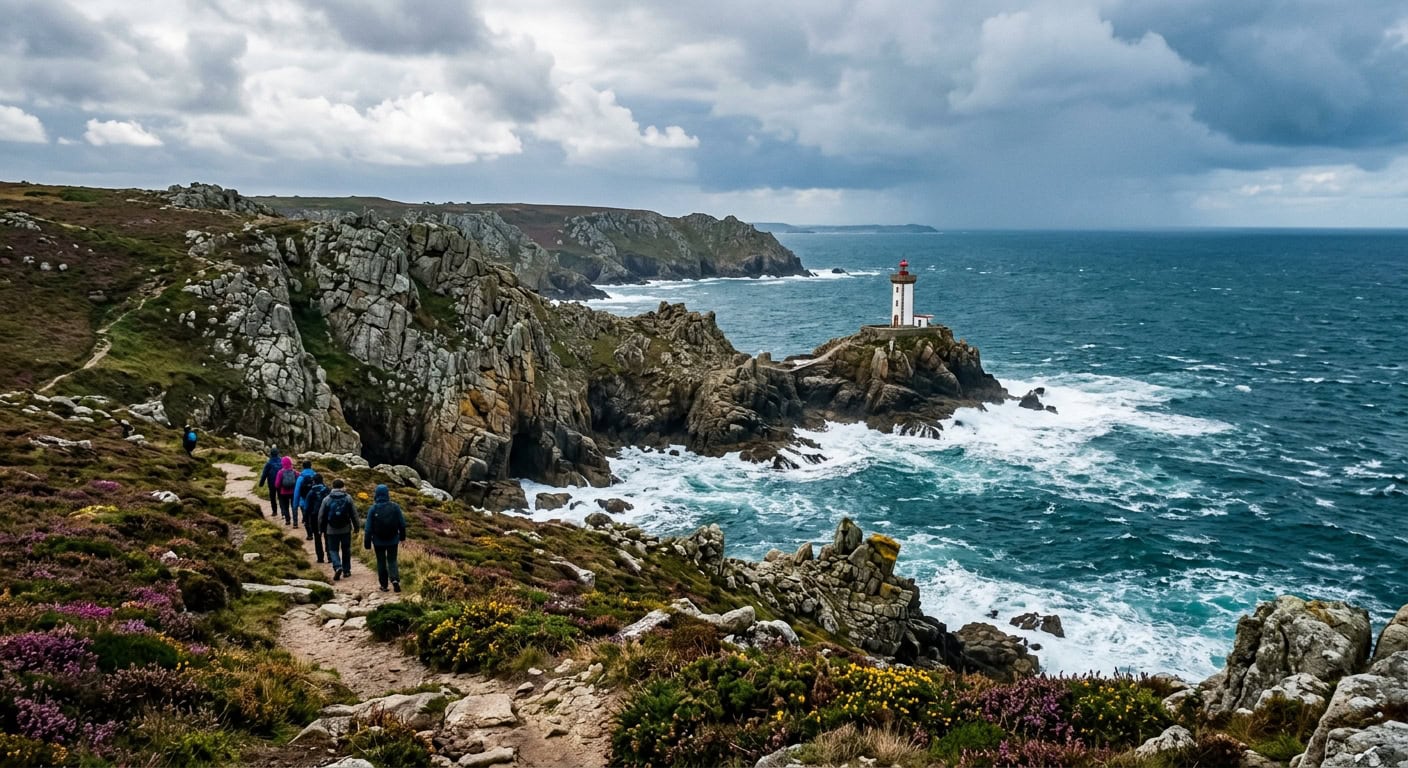 Sentier côtier menant à un phare sur la côte bretonne sous ciel nuageux.