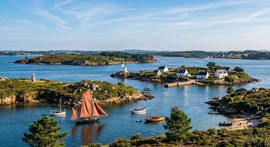 Paysage côtier avec voiliers et maisons en bord de mer en Bretagne.