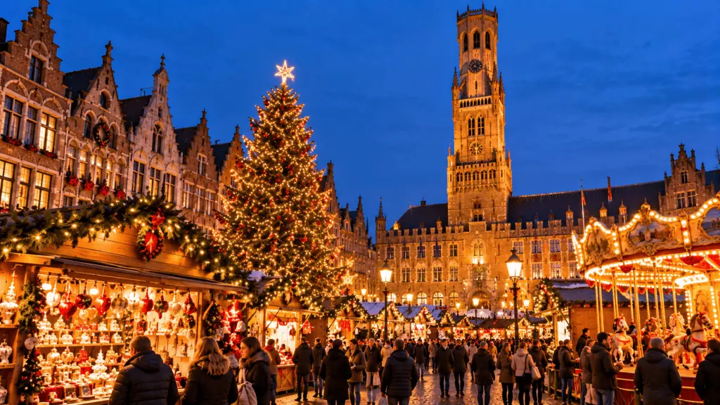 Marché de Noël avec grande sapin illuminé à Bruxelles en soirée.