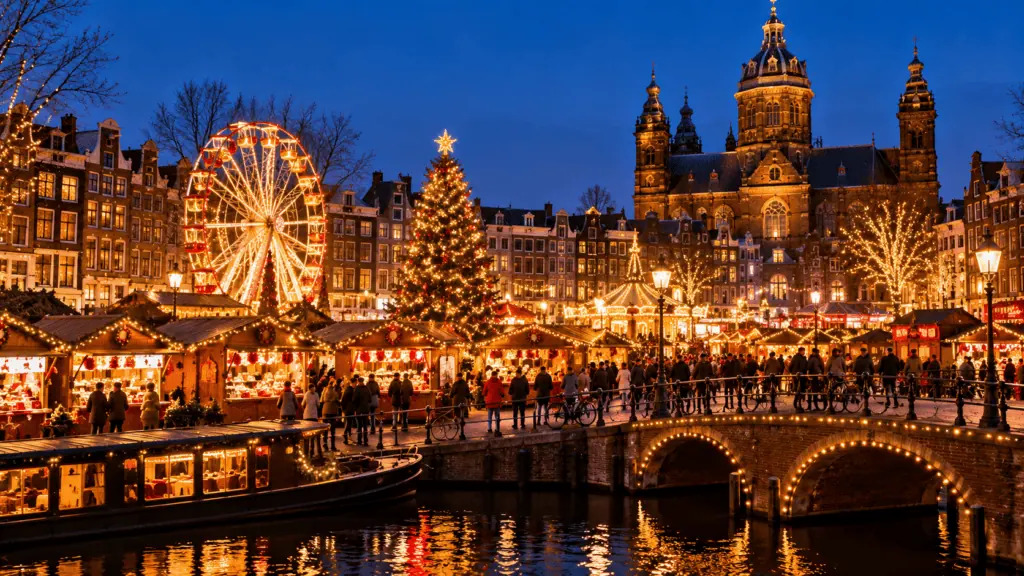 Marché de Noël illuminé avec grande roue et sapin de Noël à Amsterdam.