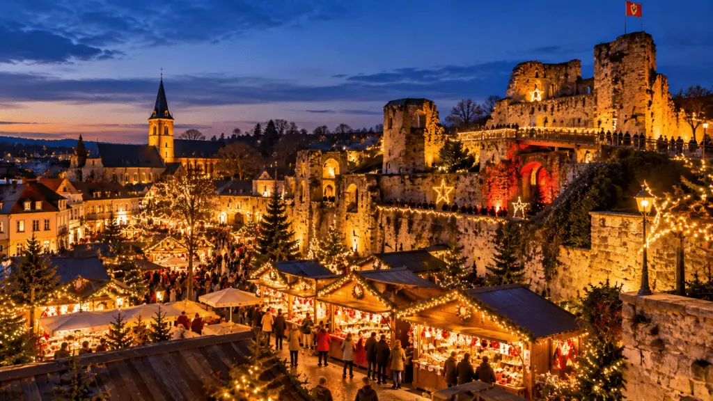 Marché de Noël illuminé avec château historique en arrière-plan.