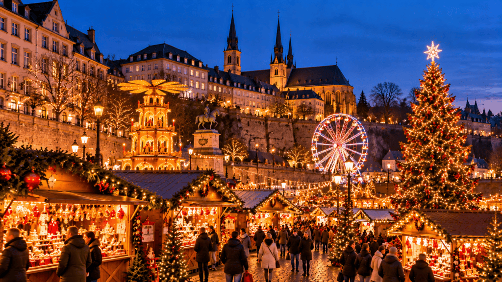 Marché de Noël à Luxembourg avec grande roue et décorations festives.