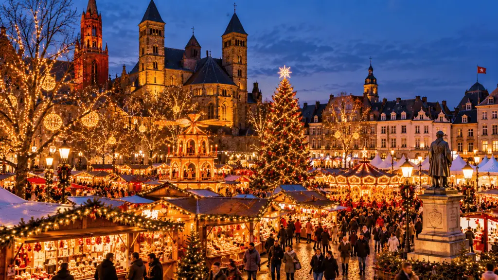 Marché de Noël à Strasbourg avec décorations lumineuses et grande arbre de Noël.