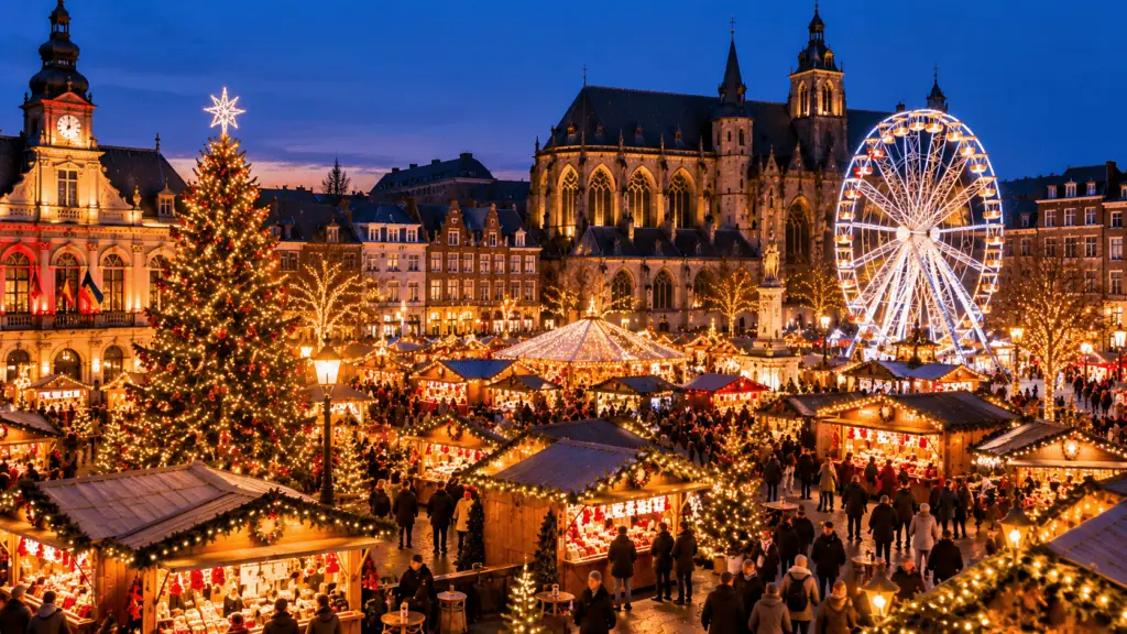 Marché de Noël animé avec grande roue et cathédrale en arrière-plan.