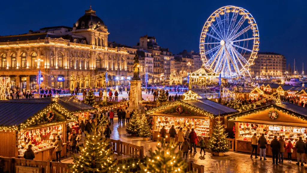 Marché de Noël illuminé avec grande roue à Nice en soirée.