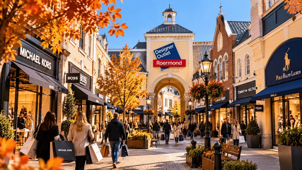 Rue commerçante animée avec boutiques de luxe et arbres d'automne.